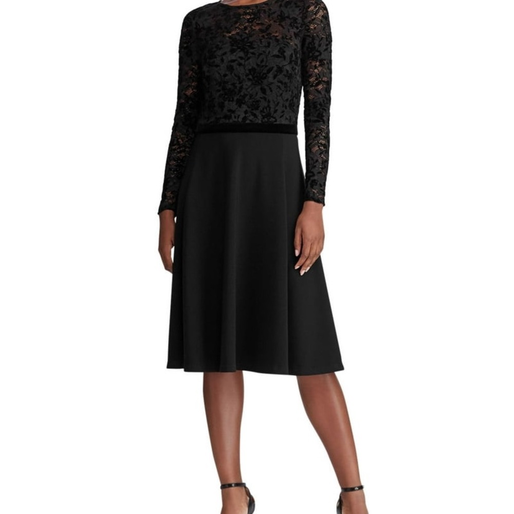 RALPH LAUREN Womens Black Long Sleeve Below The Knee Fit + Flare Dress 8